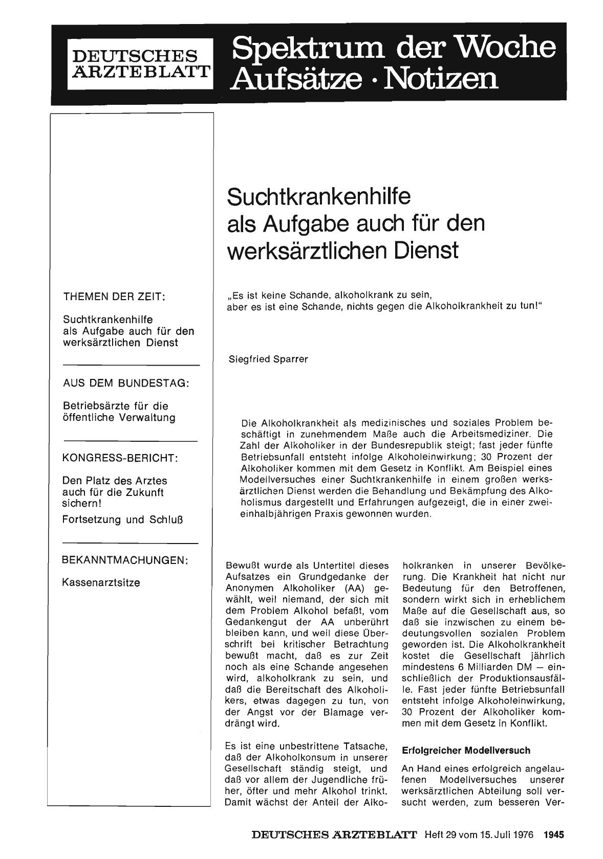 Vorschauseite 1: Suchtkrankenhilfe als Aufgabe auch für den werksärztlichen Dienst