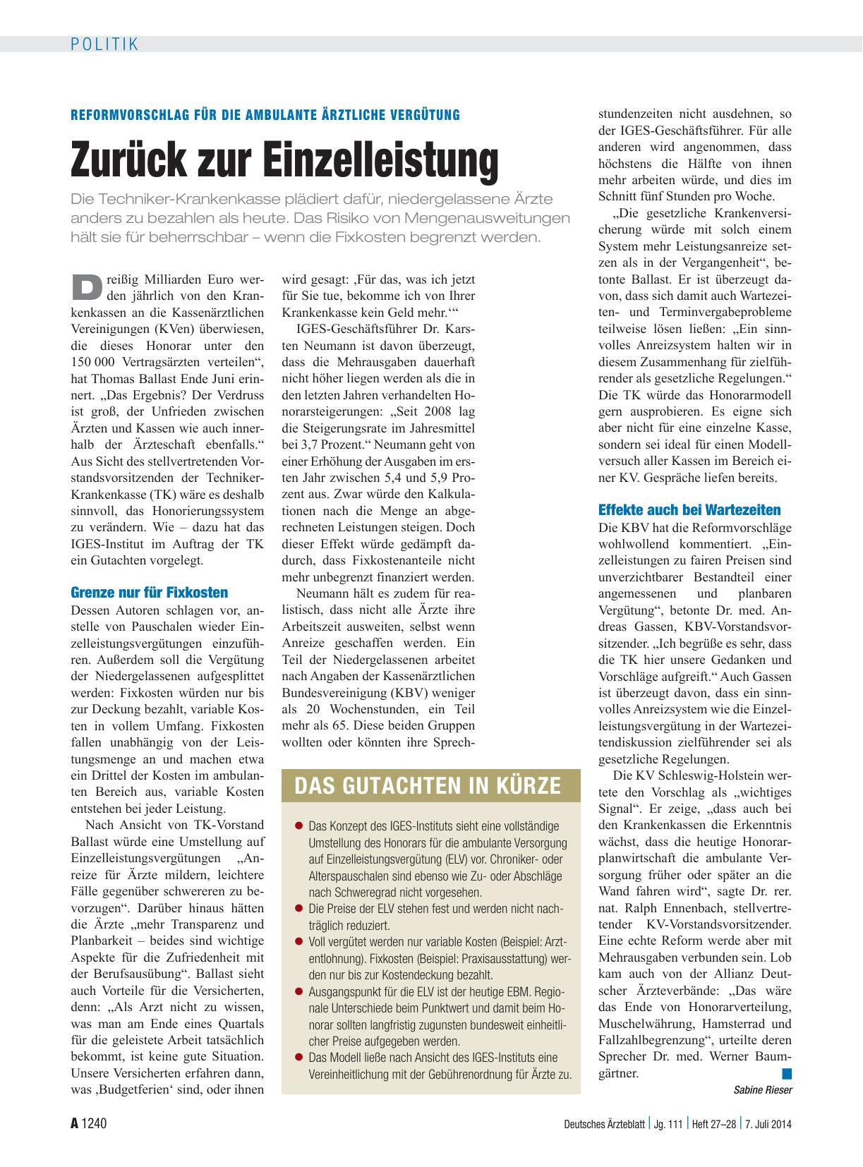 Vorschauseite 1: Reformvorschlag für die ambulante ärztliche Vergütung: Zurück zur Einzelleistung