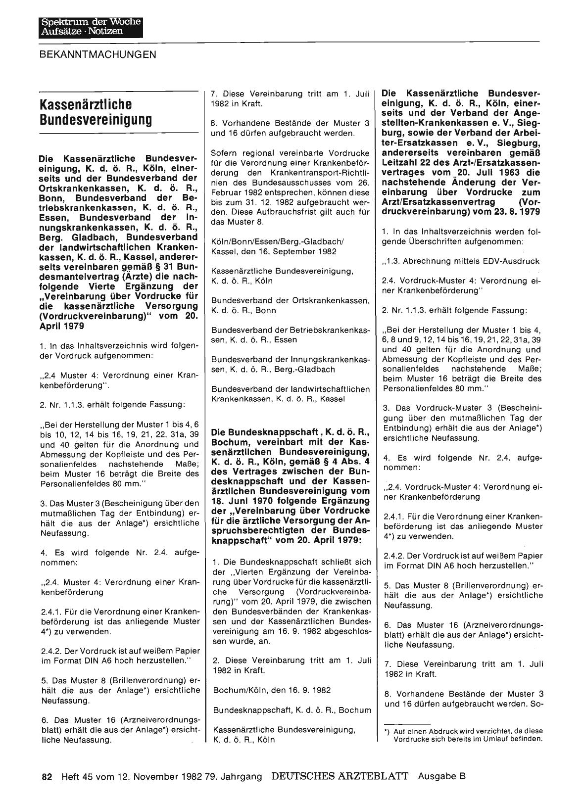 Vorschauseite 1: Kassenärztliche Bundesvereinigung: Änderung der Vereinbarung über Vordrucke zum Arzt/Ersatzkassenvertrag (Vordruckvereinbarung) vom 23. 8. 1979