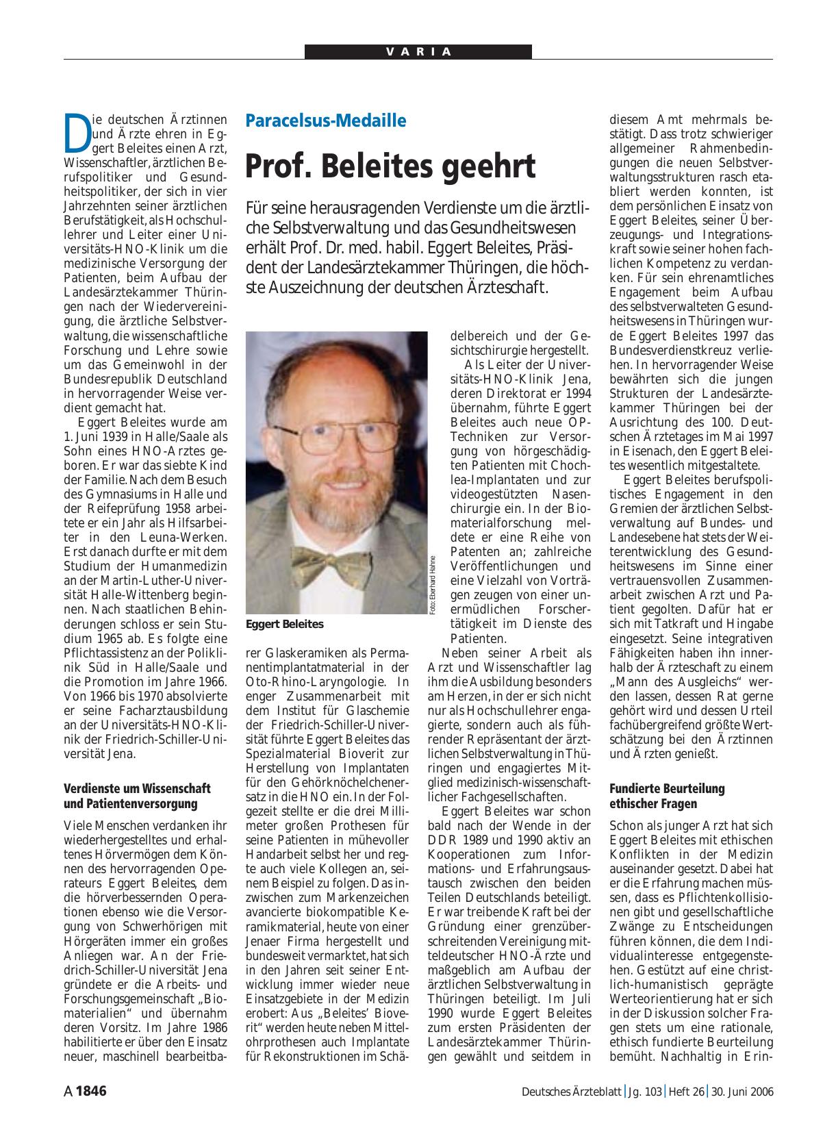 Vorschauseite 1: Paracelsus-Medaille: Prof. Beleites geehrt