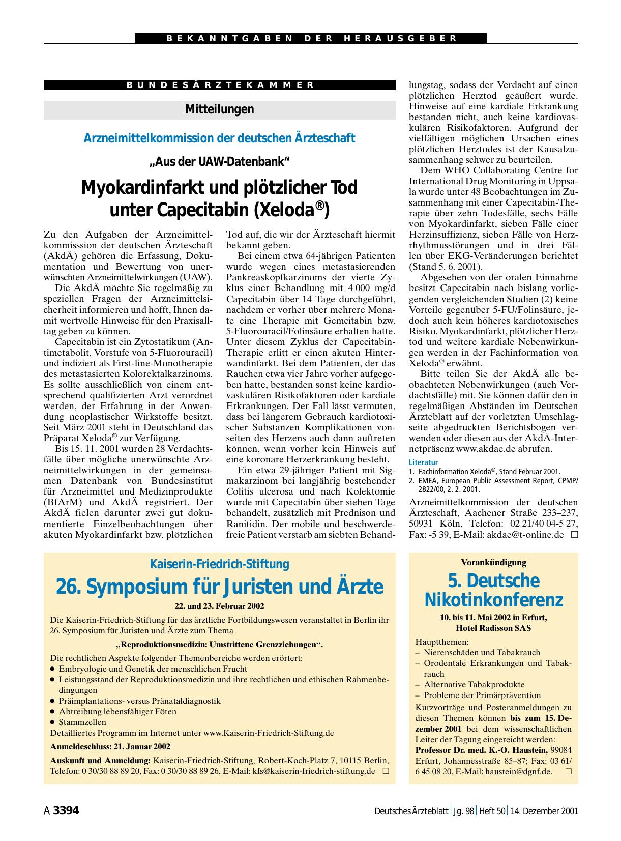 Vorschauseite 1: Mitteilungen: Myokardinfarkt und plötzlicher Tod unter Capecitabin (Xeloda®)