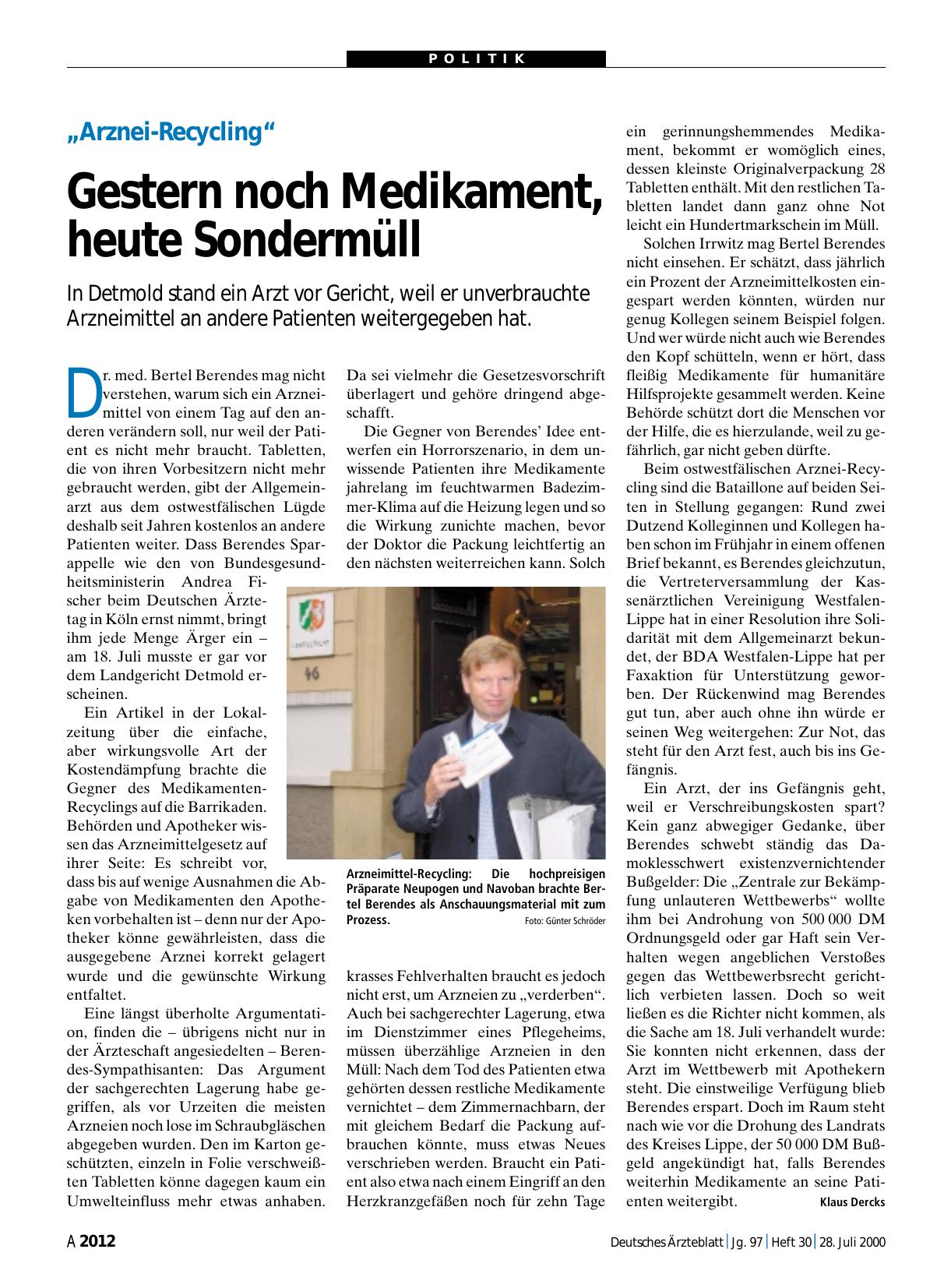 Vorschauseite 1: „Arznei-Recycling“: Gestern noch Medikament, heute Sondermüll