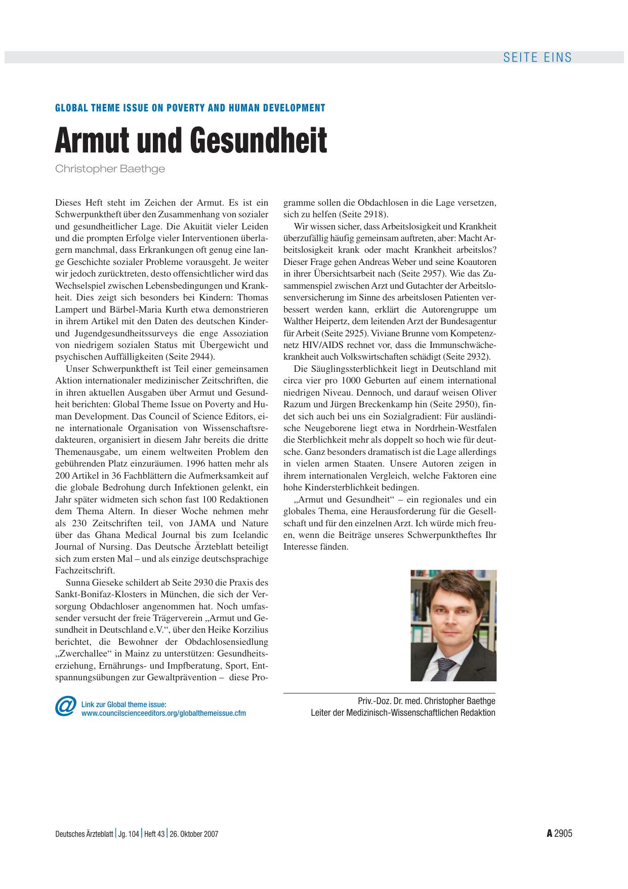 Vorschauseite 1: Global theme issue on poverty and human development: Armut und Gesundheit