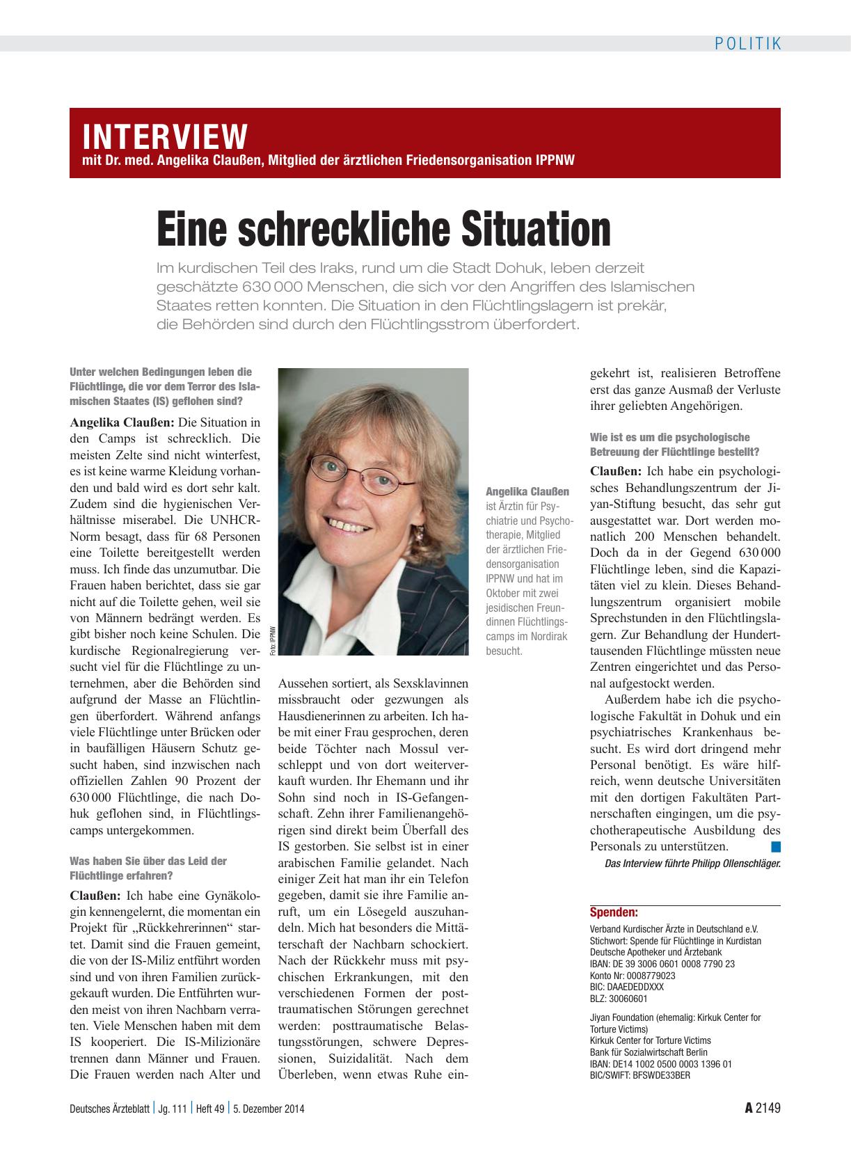 Vorschauseite 1: Interview mit Dr. med. Angelika Claußen, Mitglied der ärztlichen Friedensorganisation IPPNW: Eine schreckliche Situation