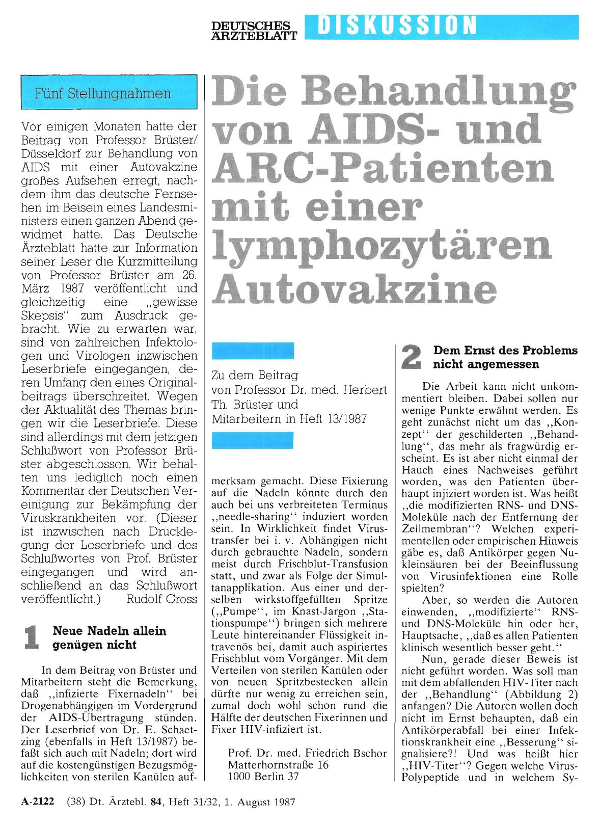 Vorschauseite 1: Die Behandlung von AIDSund ARC-Patienten mit einer lymphozytären Autovakzine: Fünf Stellungnahmen