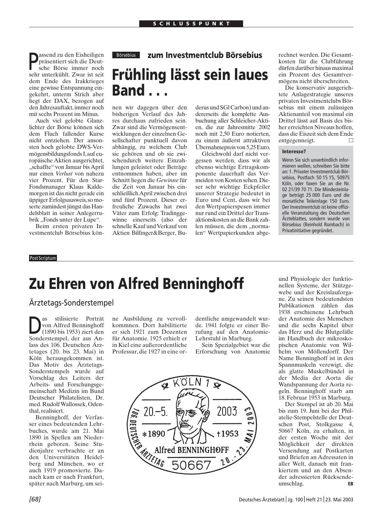 Vorschauseite 1: Zu Ehren von Alfred Benninghoff: Ärztetags-Sonderstempel