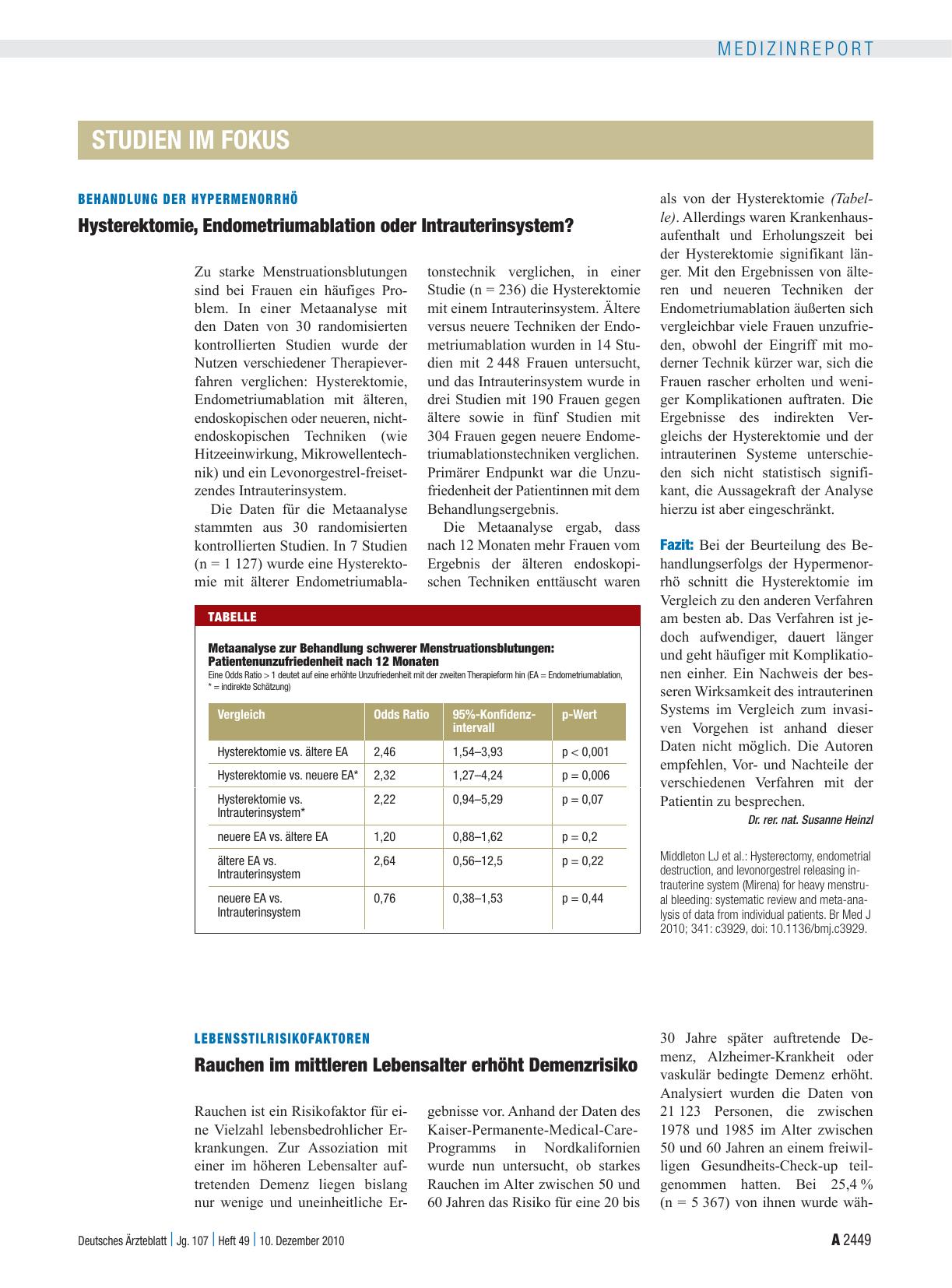 Vorschauseite 1: Behandlung der Hypermenorrhö: Hysterektomie, Endometriumablation oder Intrauterinsystem?