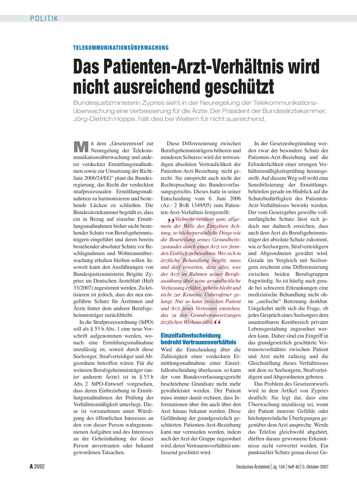 Vorschauseite 1: Telekommunikationsüberwachung: Das Patienten-Arzt-Verhältnis wird nicht ausreichend geschützt