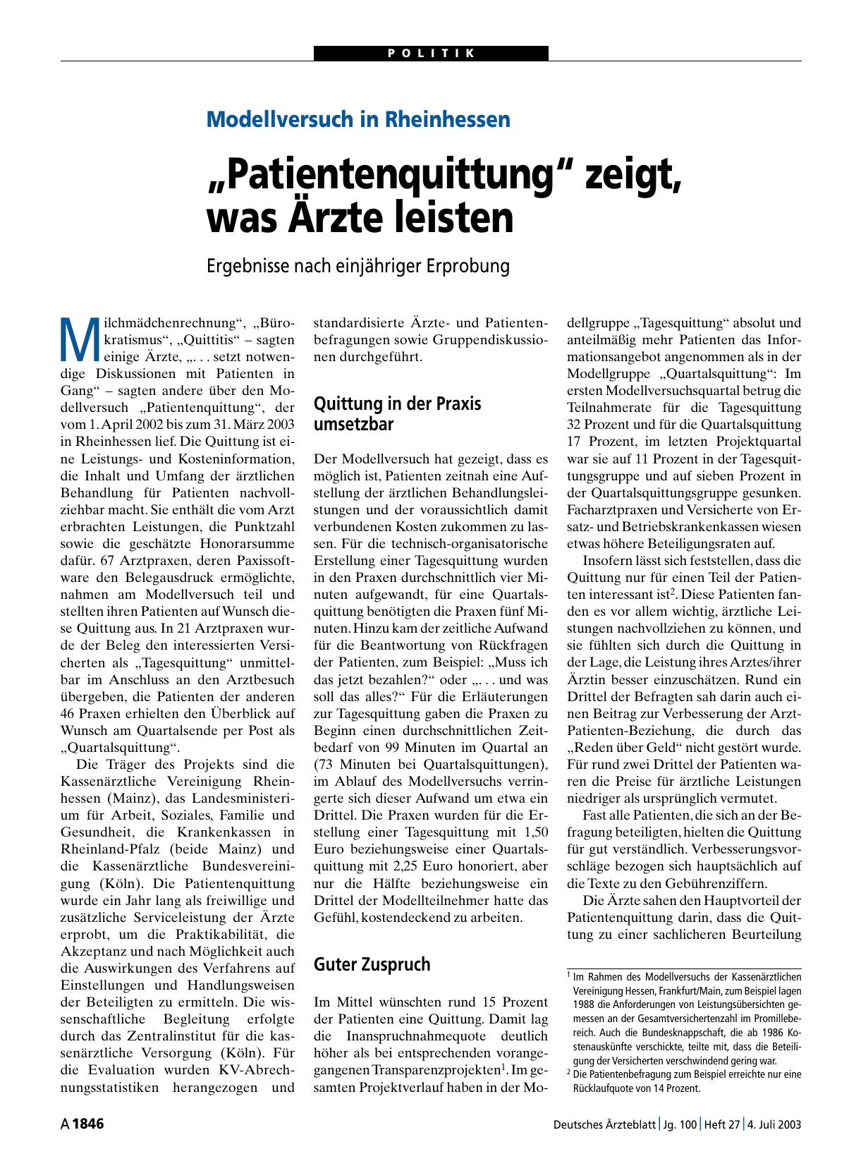 Vorschauseite 1: Modellversuch in Rheinhessen: „Patientenquittung“ zeigt, was Ärzte leisten