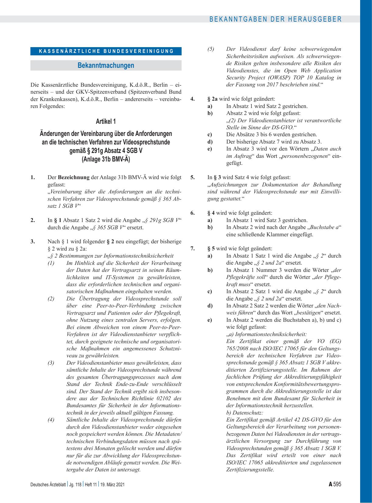 Vorschauseite 1: Änderungen der Vereinbarung über die Anforderungen an die technischen Verfahren zur Videosprechstunde gemäß § 291g Absatz 4 SGB V (Anlage 31b BMV-Ä)