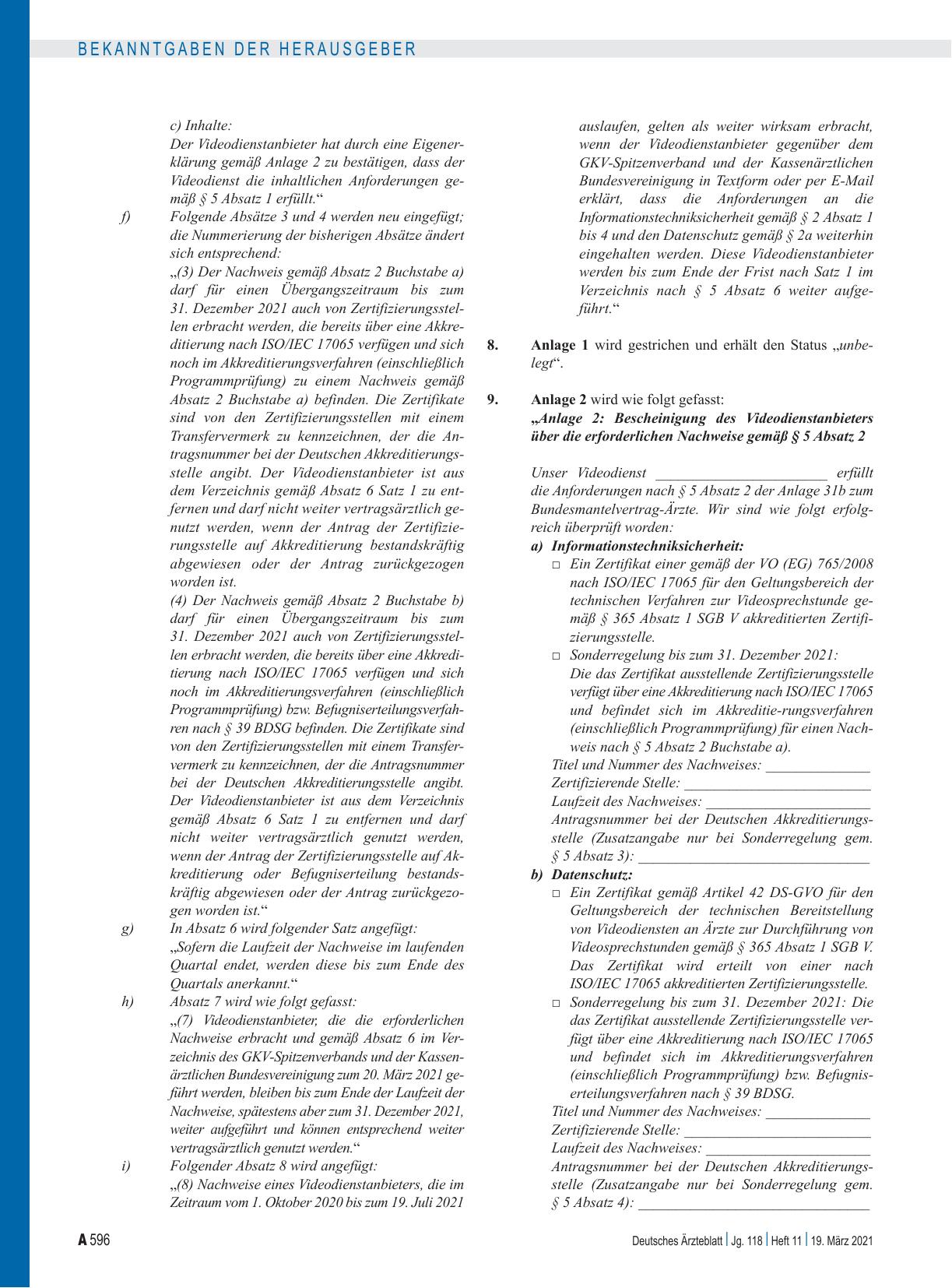 Vorschauseite 2: Änderungen der Vereinbarung über die Anforderungen an die technischen Verfahren zur Videosprechstunde gemäß § 291g Absatz 4 SGB V (Anlage 31b BMV-Ä)