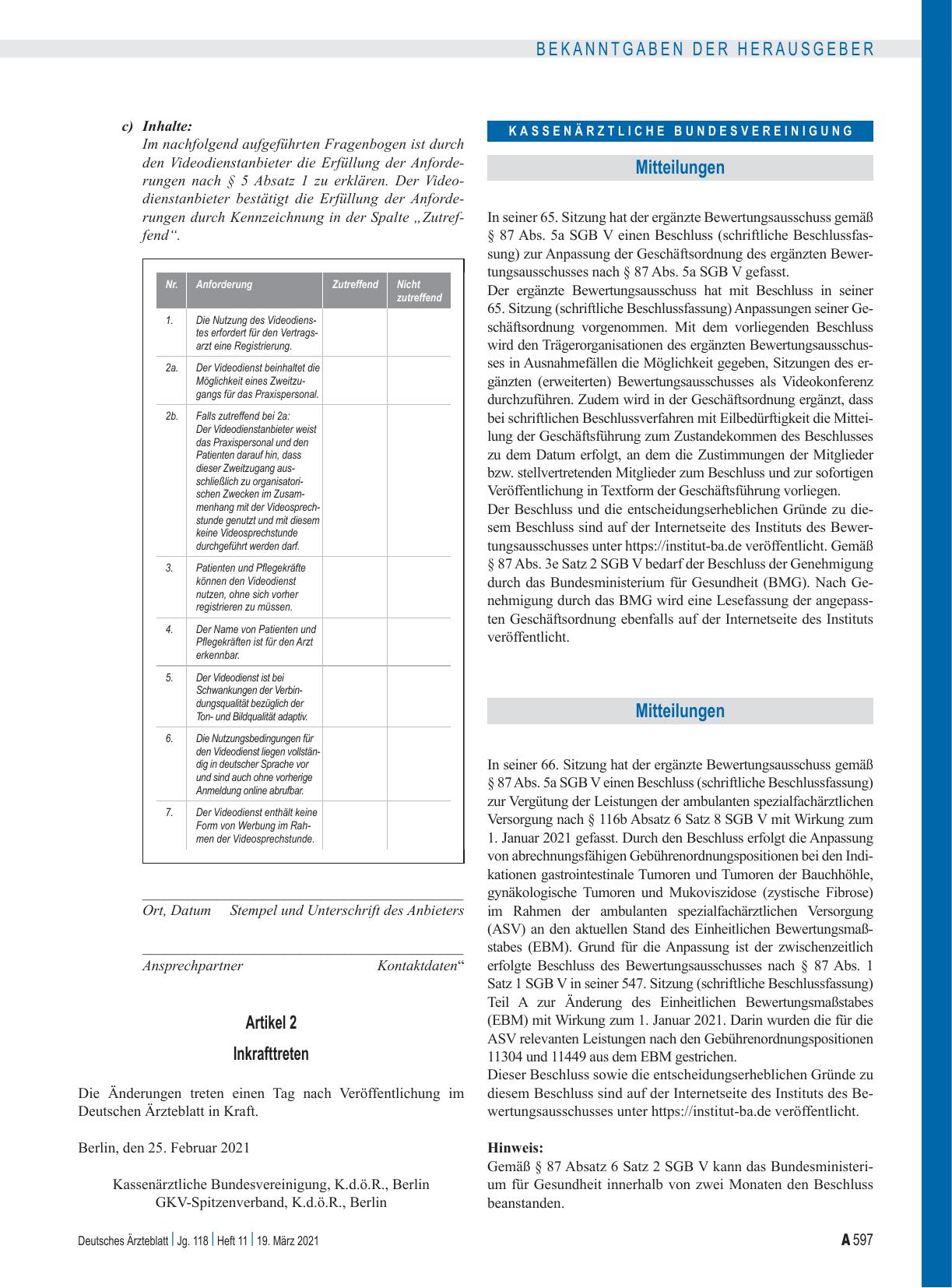 Vorschauseite 3: Änderungen der Vereinbarung über die Anforderungen an die technischen Verfahren zur Videosprechstunde gemäß § 291g Absatz 4 SGB V (Anlage 31b BMV-Ä)