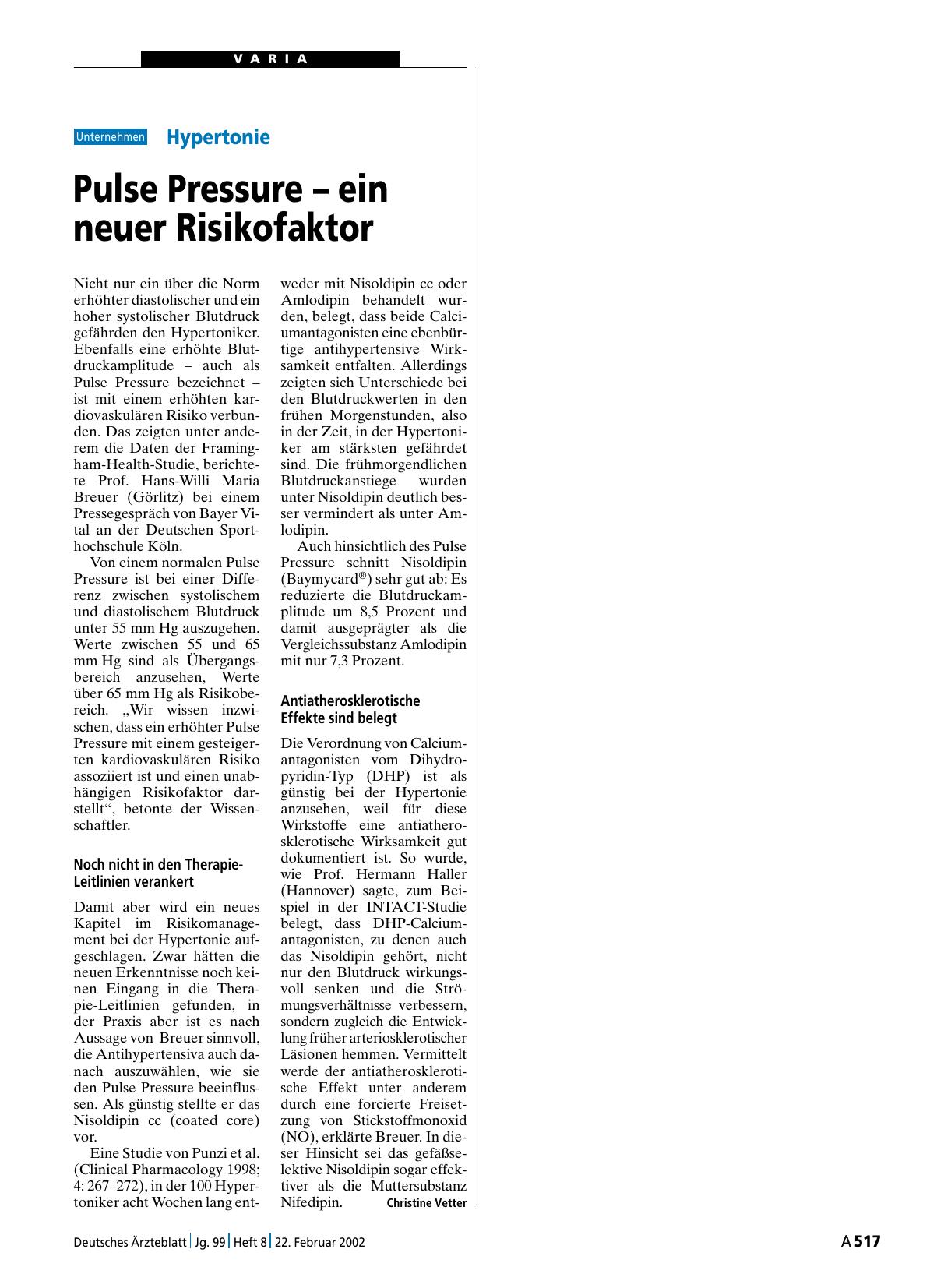 Vorschauseite 1: Hypertonie: Pulse Pressure – ein neuer Risikofaktor