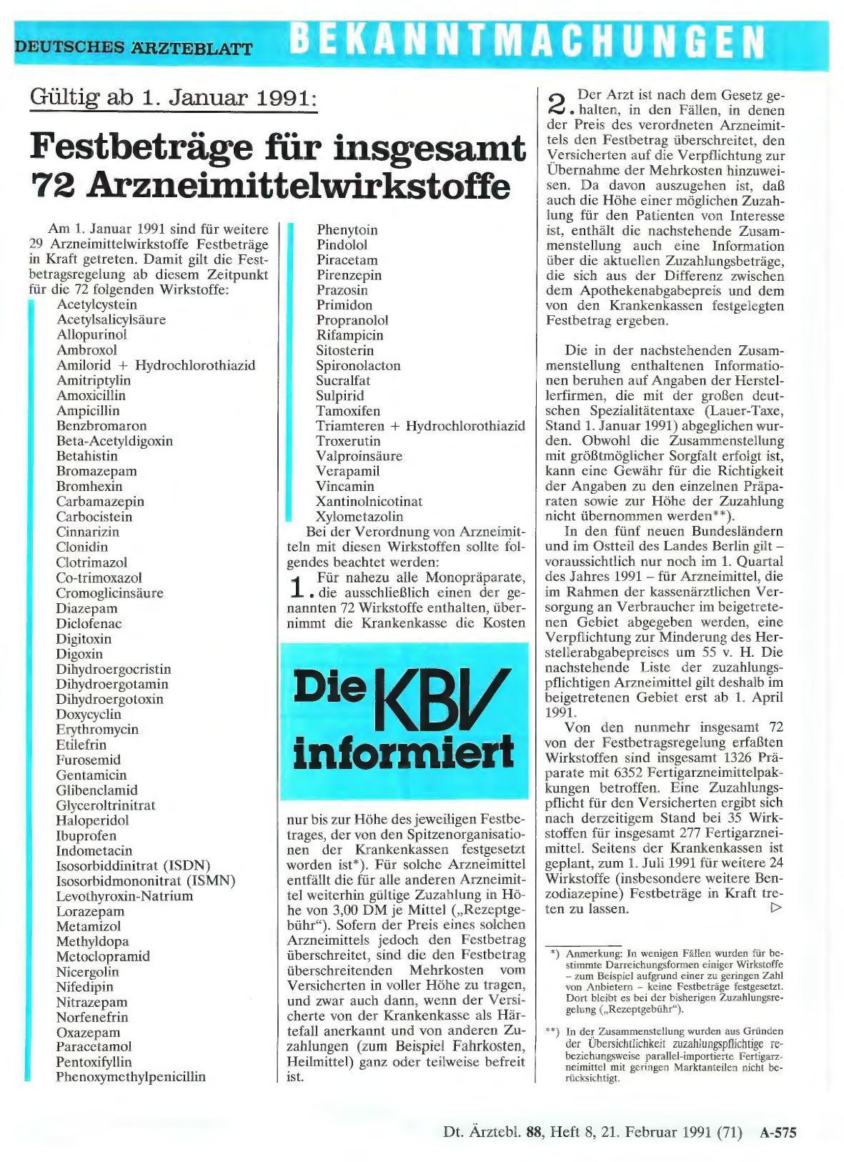Vorschauseite 1: Gültig ab 1. Januar 1991: Festbeträge für insgesamt 72 Arzneimittelwirkstoffe