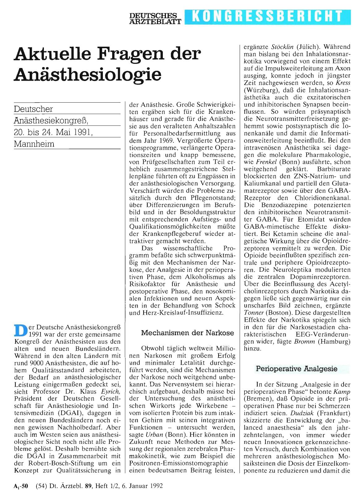 Vorschauseite 1: Aktuelle Fragen der Anästhesiologie