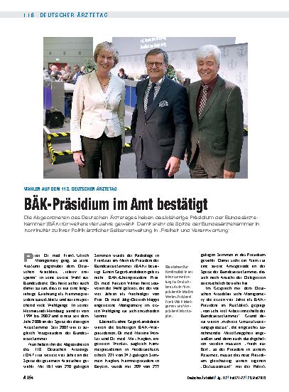 Vorschauseite 1: Wahlen auf dem 118. Deutschen Ärztetag: BÄK-Präsidium im Amt bestätigt