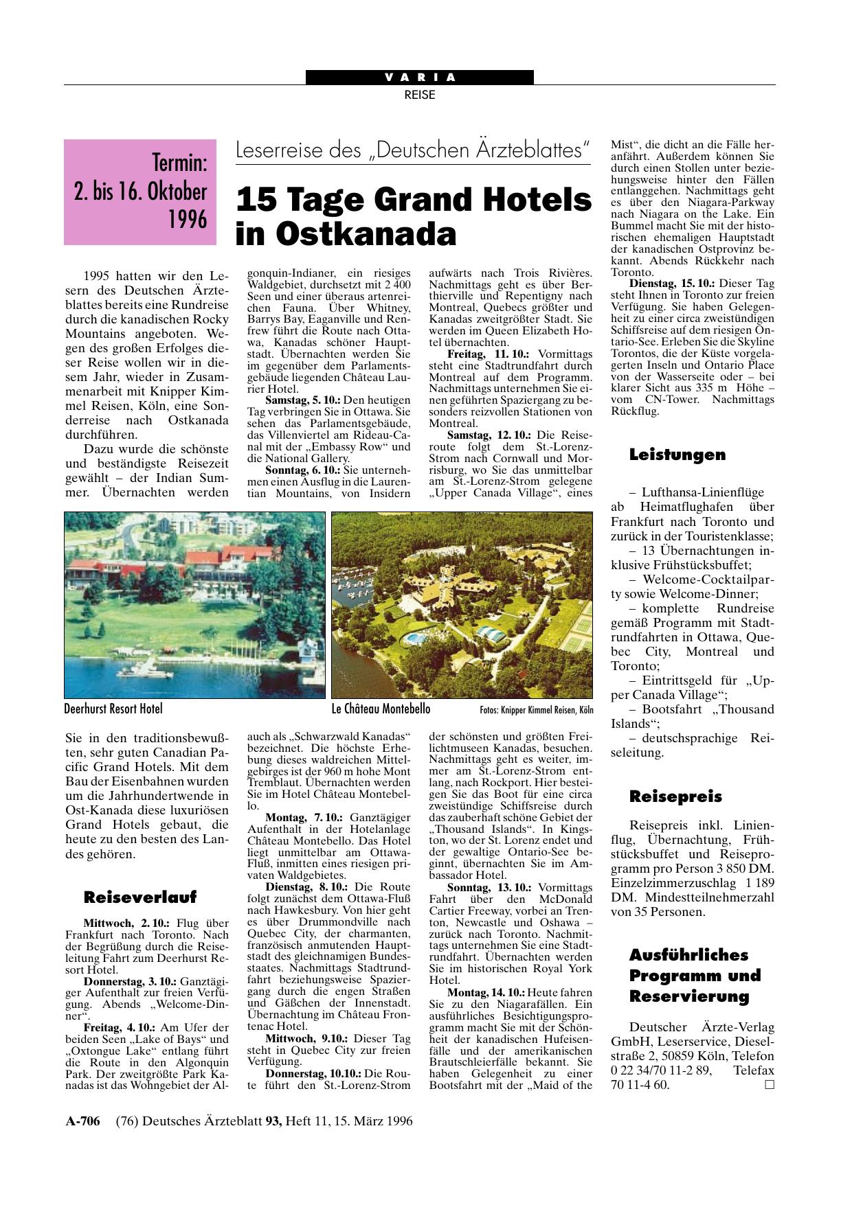 Vorschauseite 1: Leserreise des „Deutschen Ärzteblattes“: 15 Tage Grand Hotels in Ostkanada