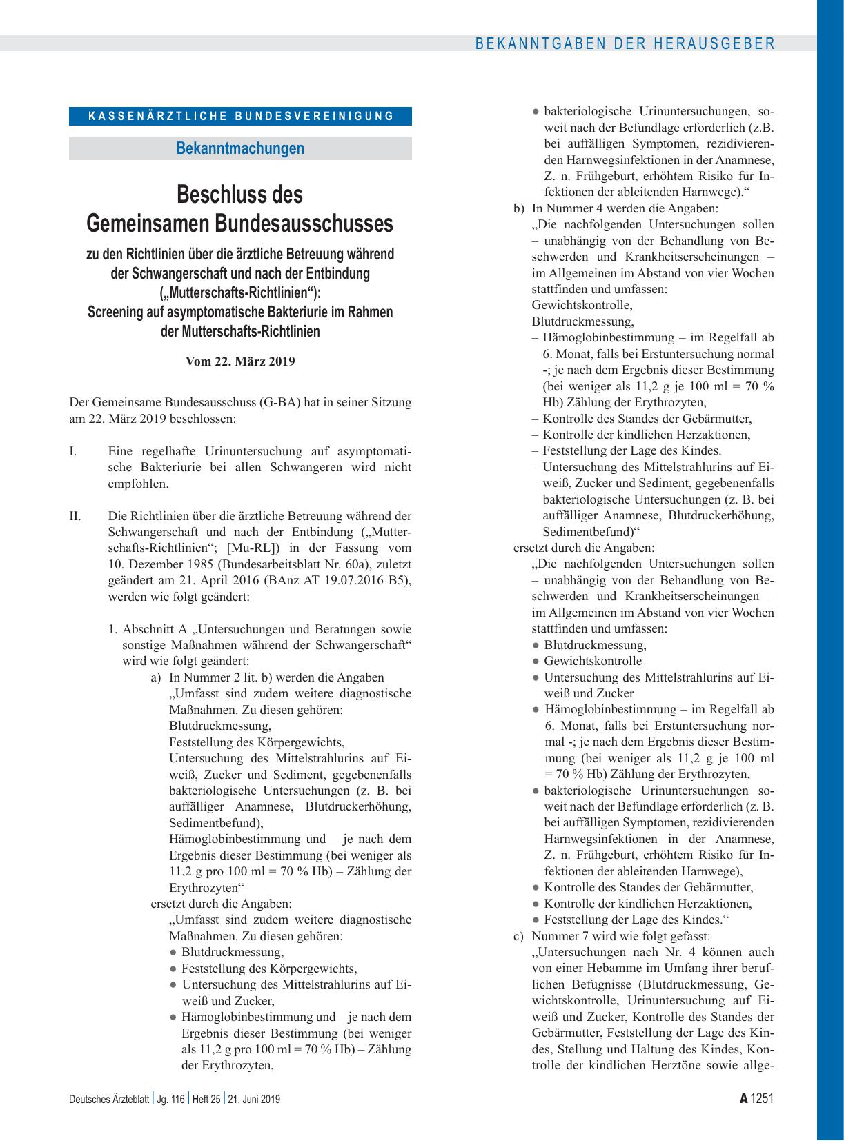 Vorschauseite 1: Beschluss des Gemeinsamen Bundesausschusses zu den Richtlinien über die ärztliche Betreuung während der Schwangerschaft und nach der Entbindung („Mutterschafts-Richtlinien“): Scre…