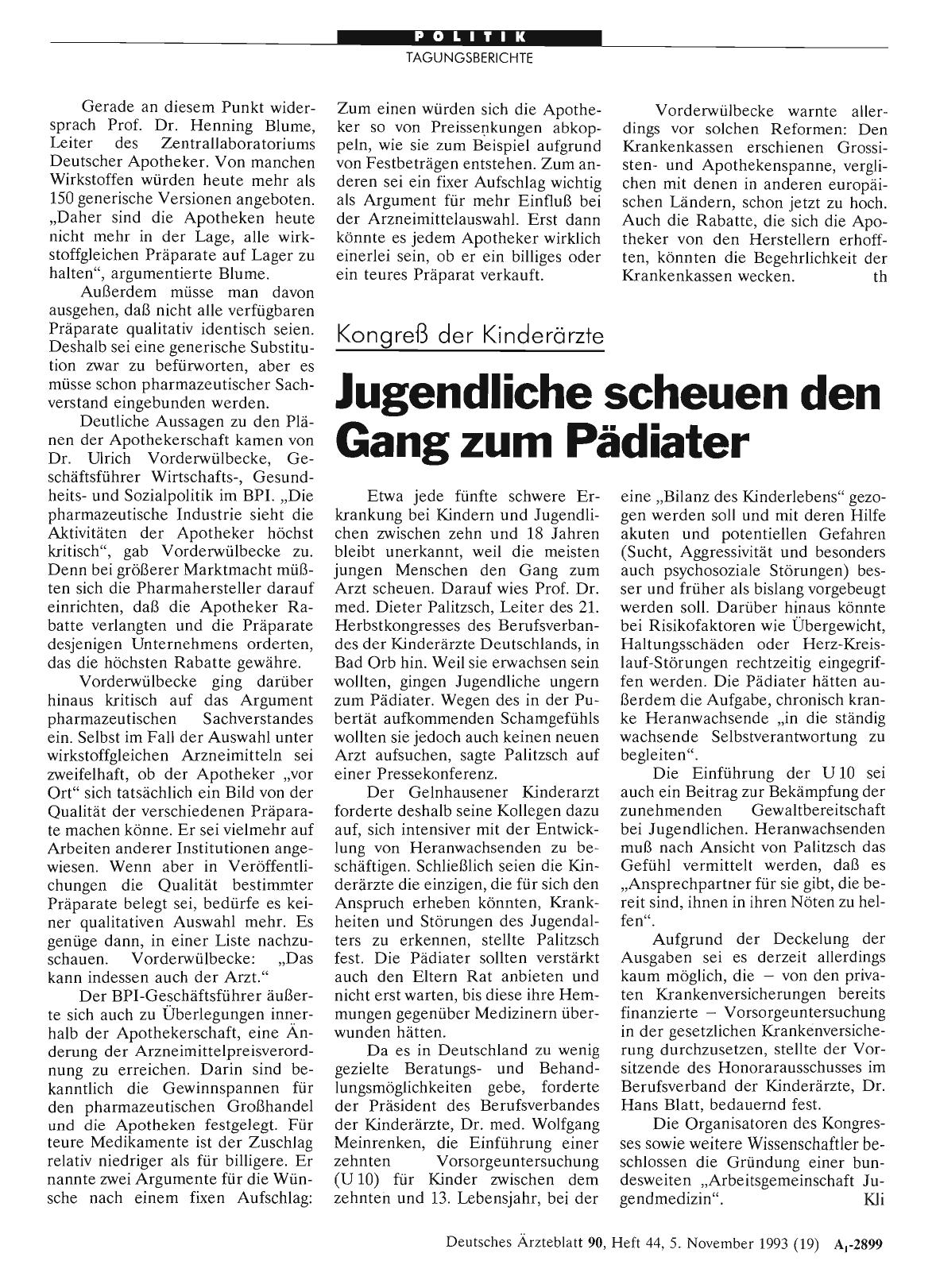 Vorschauseite 1: Kongreß der Kinderärzte: Jugendliche scheuen den Gang zum Pädiater