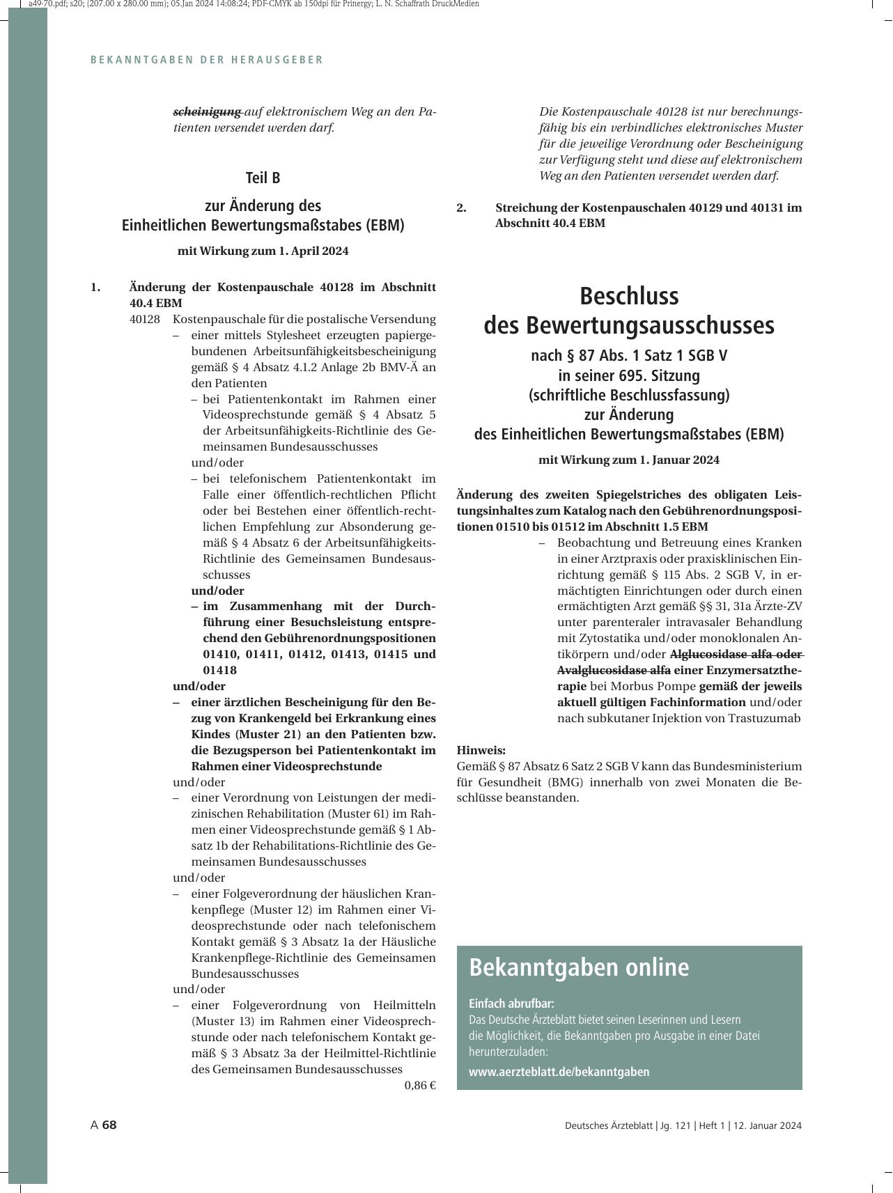 Vorschauseite 1: Beschluss des Bewertungsausschusses nach § 87 Abs. 1 Satz 1 SGB V in seiner 695. Sitzung (schriftliche Beschlussfassung) zur Änderung des Einheitlichen Bewertungsmaßstabes (EBM) m…