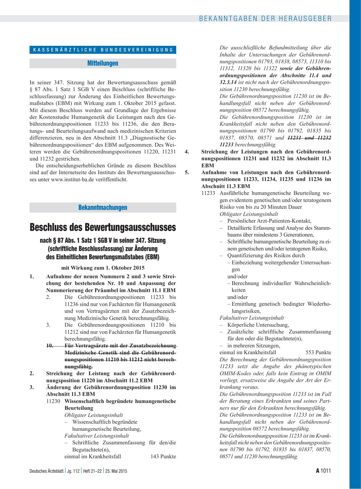 Vorschauseite 1: Beschluss des Bewertungsausschusses nach § 87 Abs. 1 Satz 1 SGB V in seiner 347. Sitzung (schriftliche Beschlussfassung) zur Änderung des Einheitlichen Bewertungsmaßstabes (EBM)