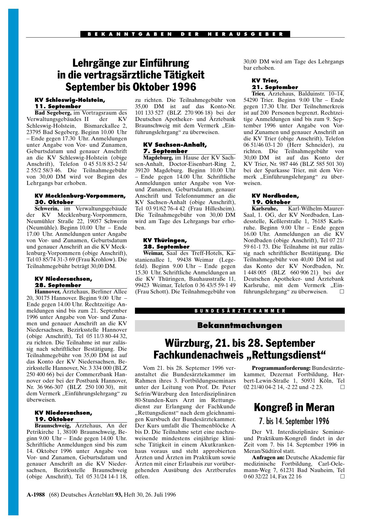 Vorschauseite 1: Bekanntmachungen: Würzburg, 21. bis 28. September Fachkundenachweis „Rettungsdienst“