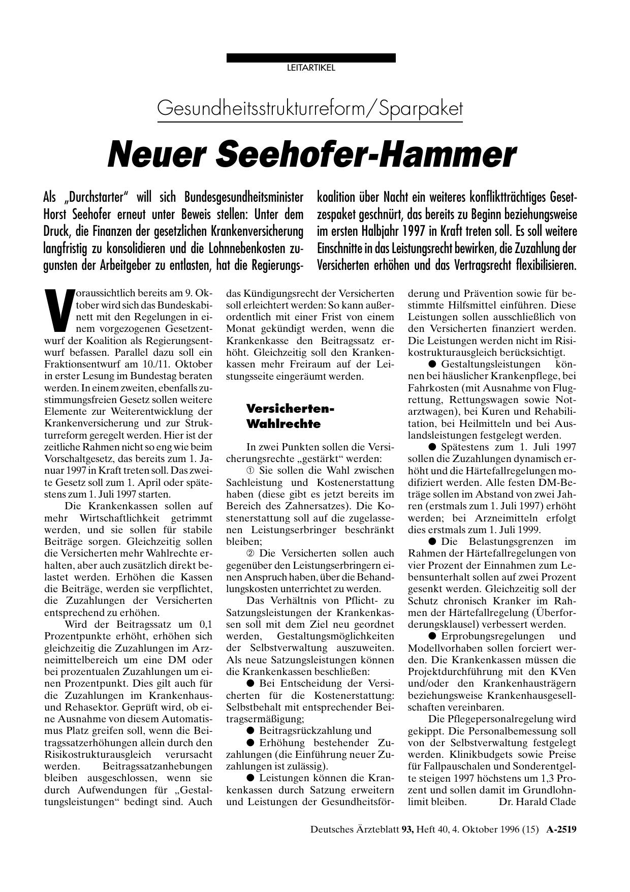 Vorschauseite 1: Gesundheitsstrukturreform/Sparpaket: Neuer Seehofer-Hammer