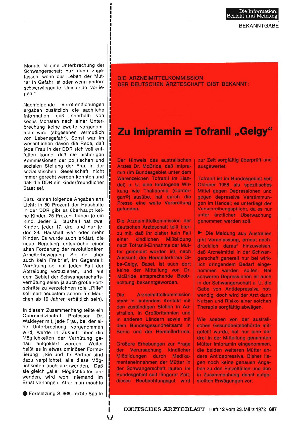 Vorschauseite 1: Die Arzneimittelkommission der deutschen Ärzteschaft gibt bekannt: Zu Imopramin = Tofraniil "Geigy"