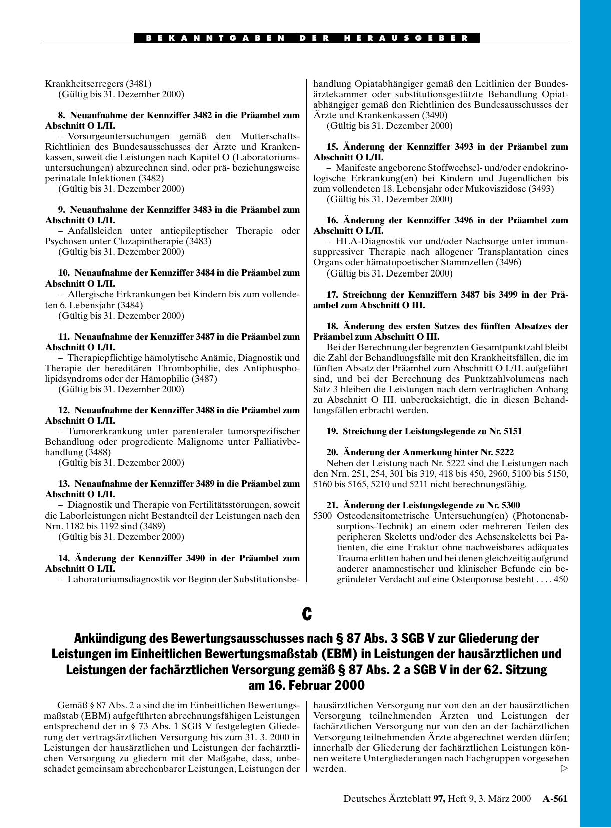 Vorschauseite 1: C Ankündigung des Bewertungsausschusses nach § 87 Abs. 3 SGB V zur Gliederung der Leistungen im Einheitlichen Bewertungsmaßstab (EBM) in Leistungen der hausärztlichen und Leistung…