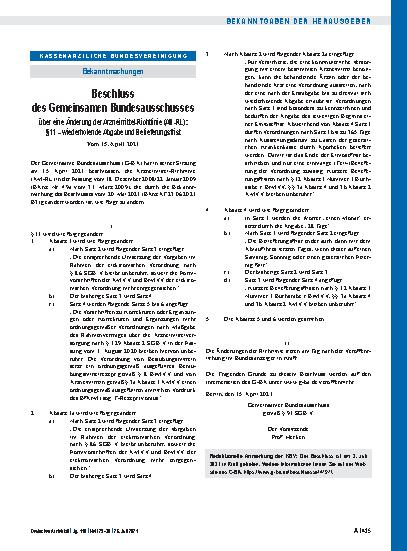 Vorschauseite 1: Beschluss des Gemeinsamen Bundesausschusses über eine Änderung der Arzneimittel-Richtlinie (AM-RL): § 11 – wiederholende Abgabe und Belieferungsfrist