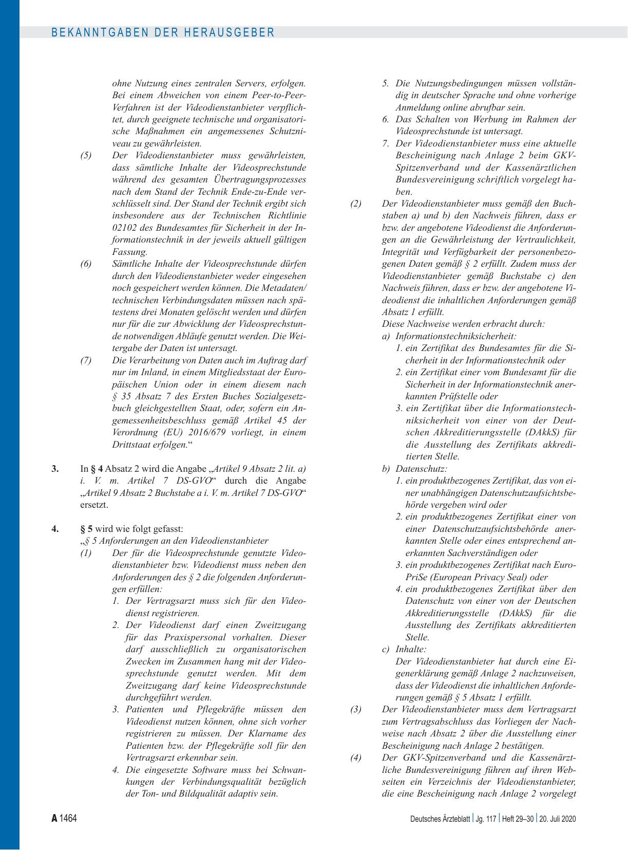 Vorschauseite 2: Änderungen der Vereinbarung über die Anforderungen an die technischen Verfahren zur Videosprechstunde gemäß § 291g Absatz 4 SGB V (Anlage 31b BMV-Ä)