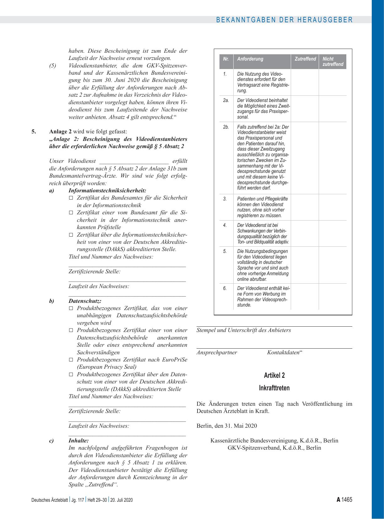 Vorschauseite 3: Änderungen der Vereinbarung über die Anforderungen an die technischen Verfahren zur Videosprechstunde gemäß § 291g Absatz 4 SGB V (Anlage 31b BMV-Ä)