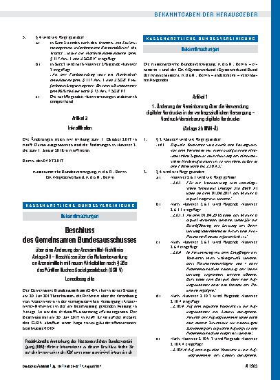 Vorschauseite 1: Artikel 1 – 1. Änderung der Vereinbarung über die Verwendung digitaler Vordrucke in der vertragsärztlichen Versorgung: Vordruck-Vereinbarung digitale Vordrucke (Anlage 2b BMV-Ä) u…