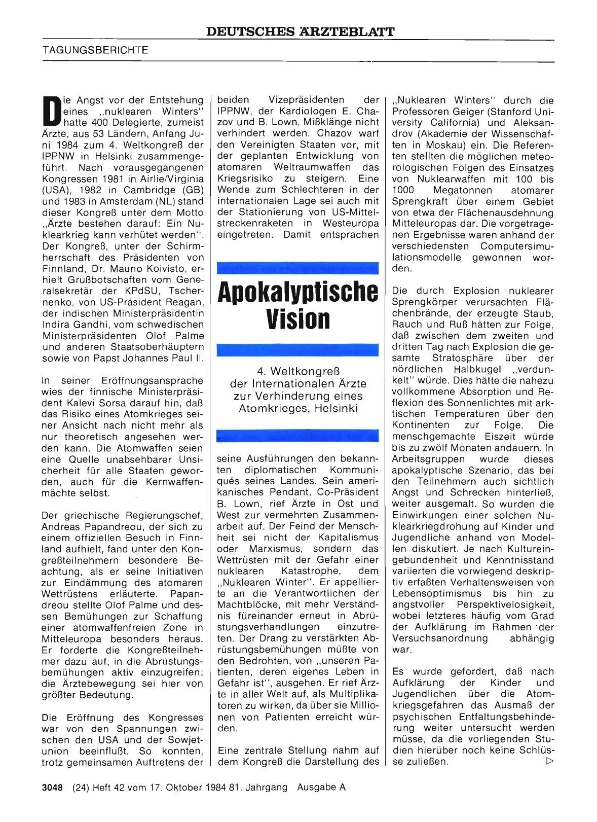 Vorschauseite 1: Apokalyptische Vision: 4. Weltkongreß der Internationalen Ärzte zur Verhinderung eines Atomkrieges, Helsinki
