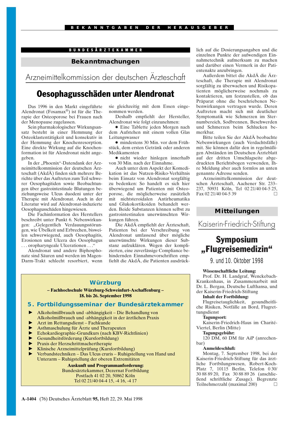 Vorschauseite 1: Arzneimittelkommission der deutschen Ärzteschaft: Oesophagusschäden unter Alendronat