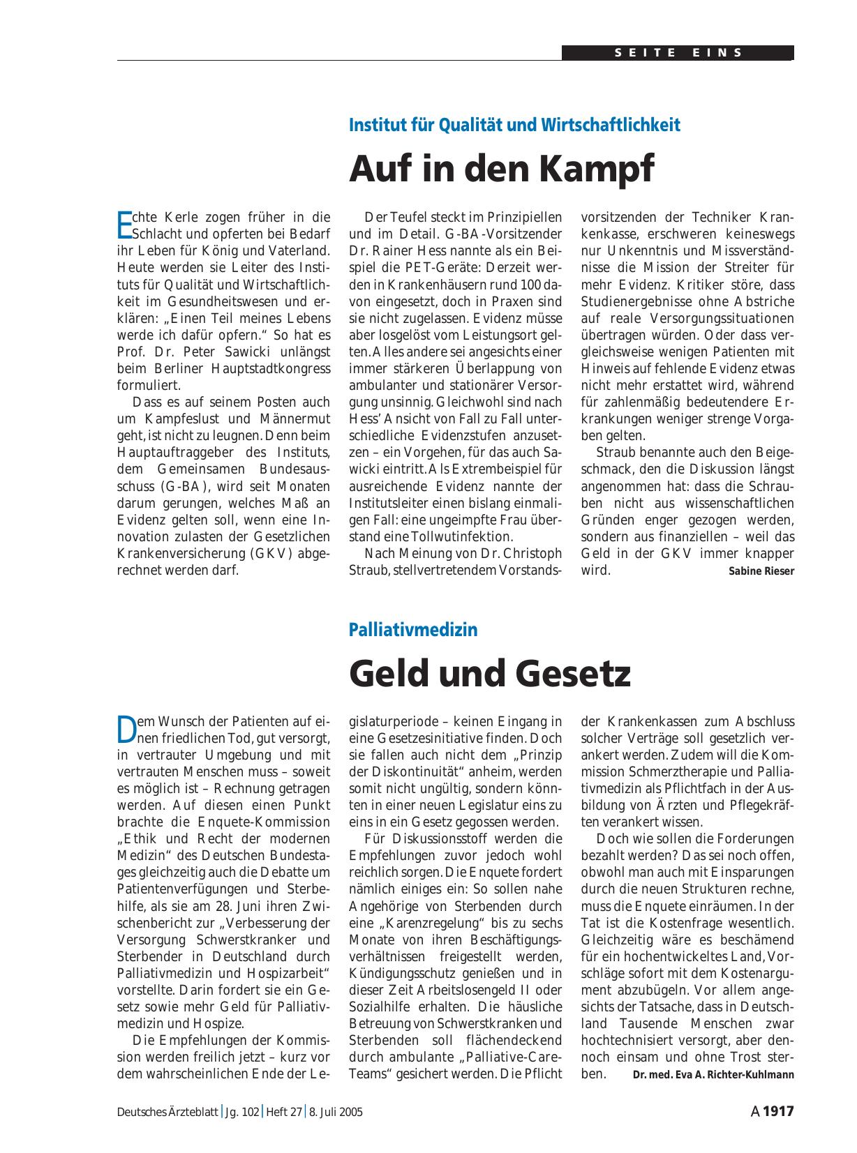 Vorschauseite 1: Palliativmedizin: Geld und Gesetz