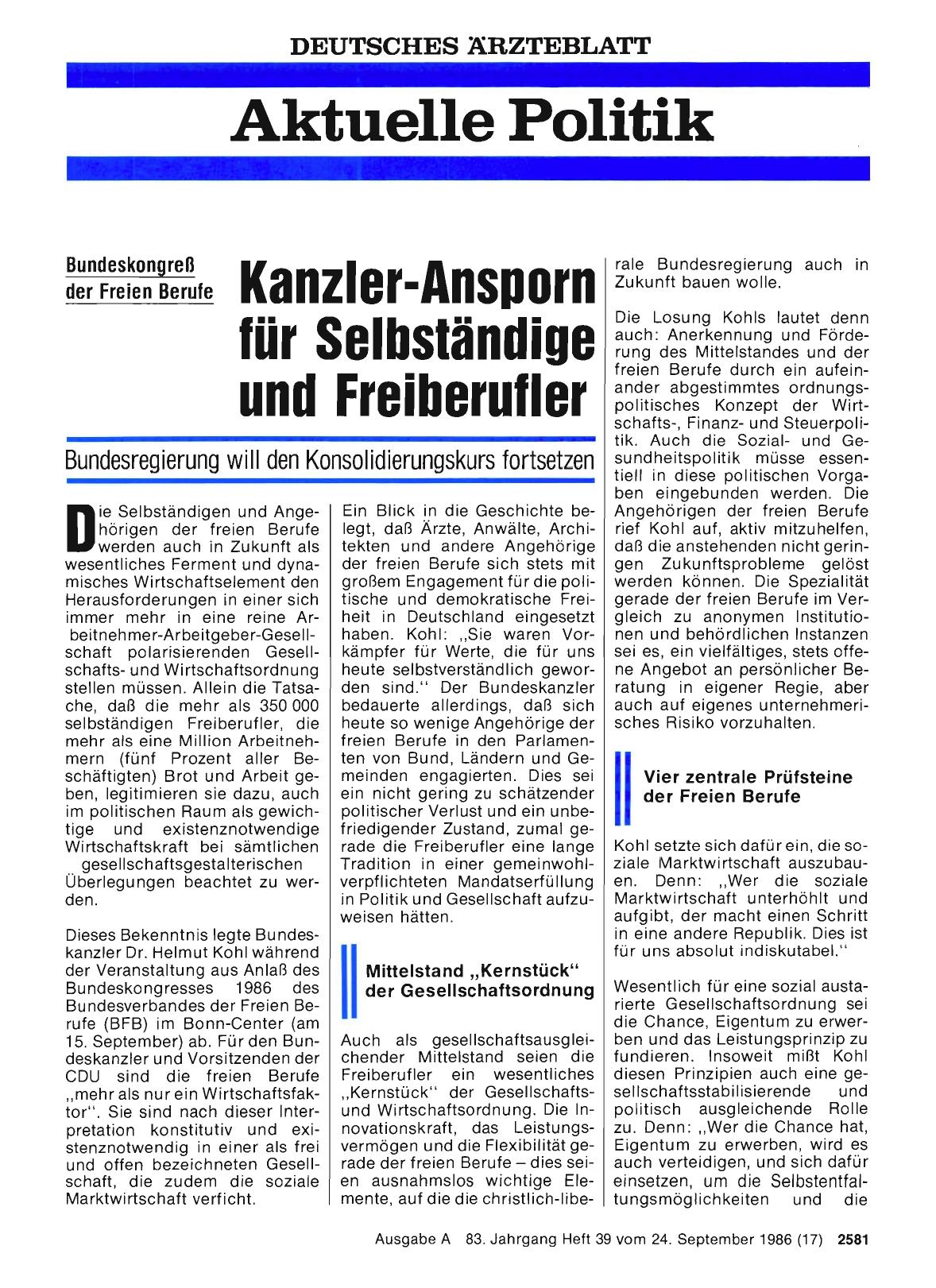 Vorschauseite 1: Bundeskongreß der Freien Berufe: Kanzler-Ansporn für Selbständige und Freiberufler