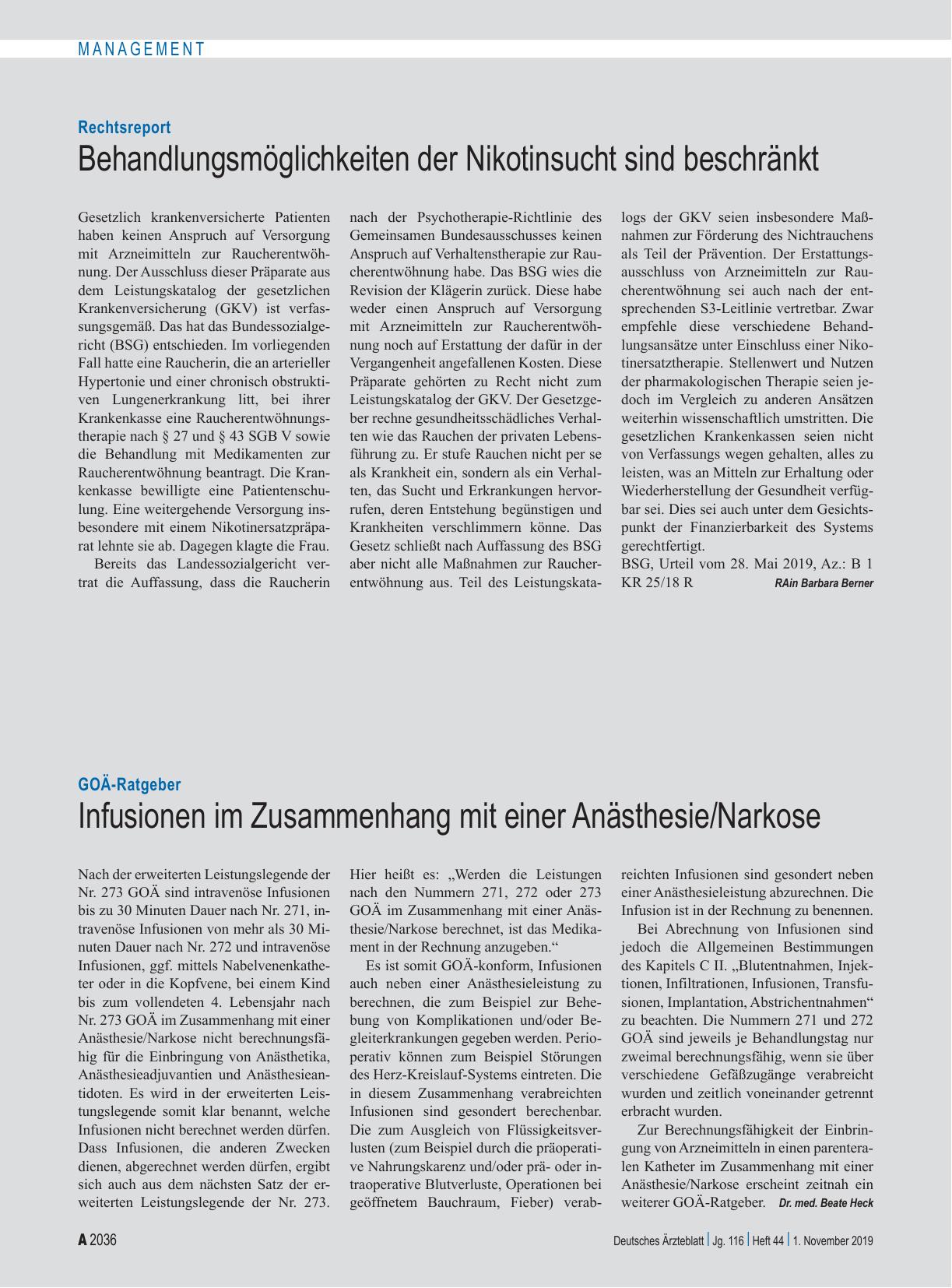 Vorschauseite 1: Rechtsreport: Behandlungsmöglichkeiten der Nikotinsucht sind beschränkt