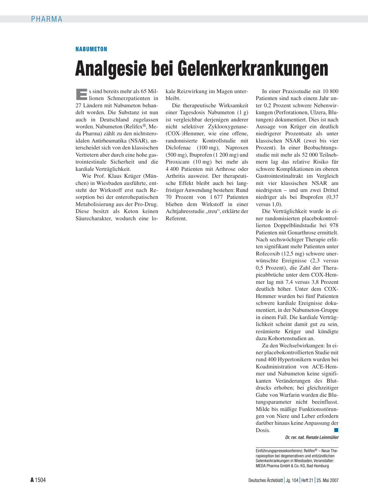 Vorschauseite 1: Nabumeton: Analgesie bei Gelenkerkrankungen