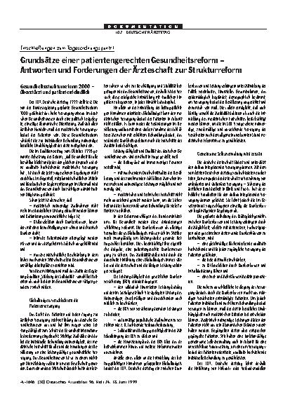 Vorschauseite 1: Entschließungen zum Tagesordnungspunkt I: Grundsätze einer patientengerechten Gesundheitsreform - Antworten und Forderungen der Ärzteschaft zur Strukturreform