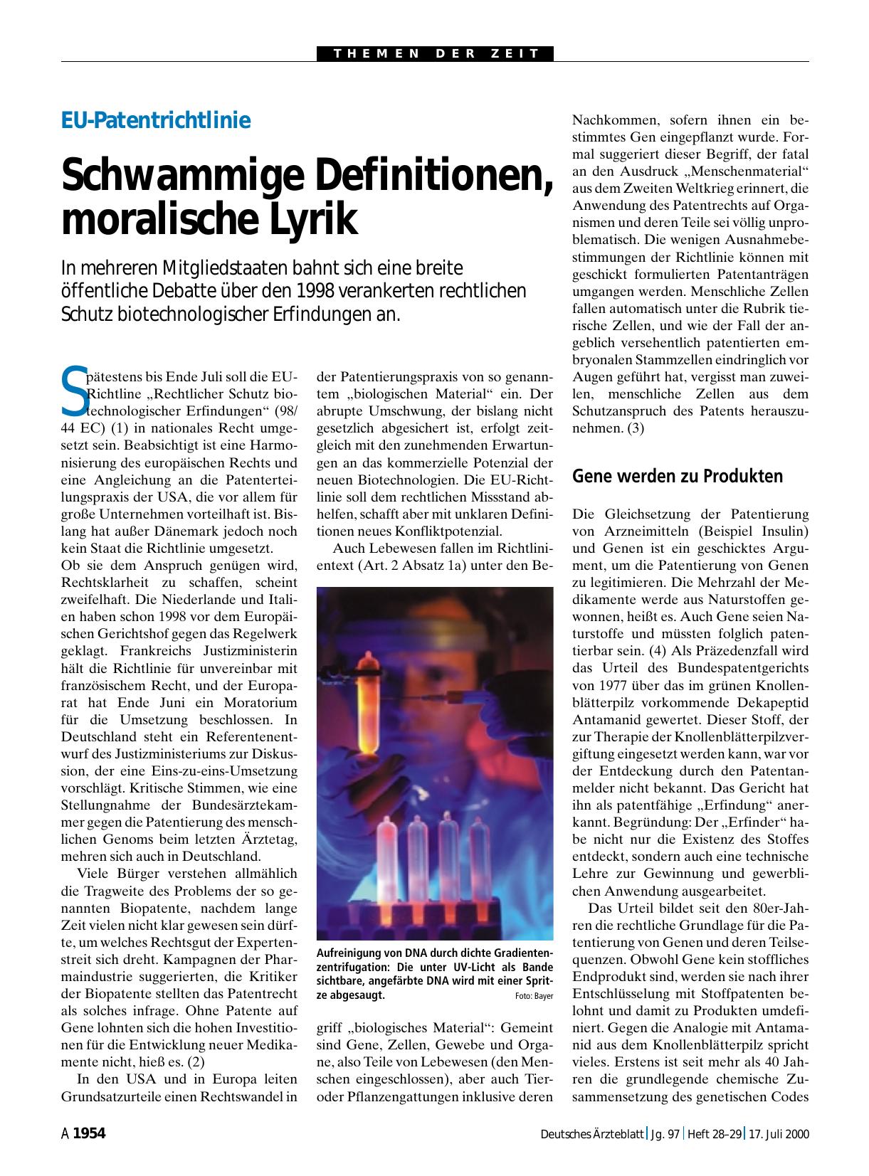 Vorschauseite 1: EU-Patentrichtlinie: Schwammige Definitionen, moralische Lyrik