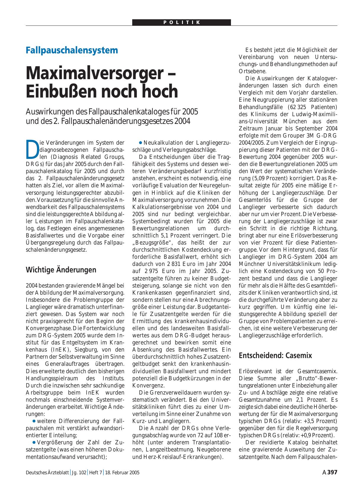 Vorschauseite 1: Fallpauschalensystem: Maximalversorger – Einbußen noch hoch