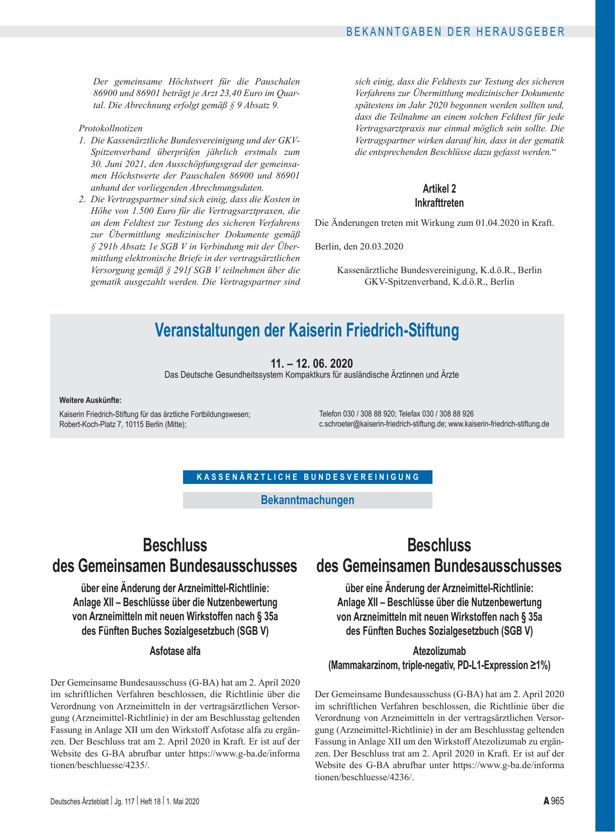 Vorschauseite 1: Beschluss des Gemeinsamen Bundesausschusses über eine Änderung der Arzneimittel-Richtlinie: Anlage XII – Asfotase alfa