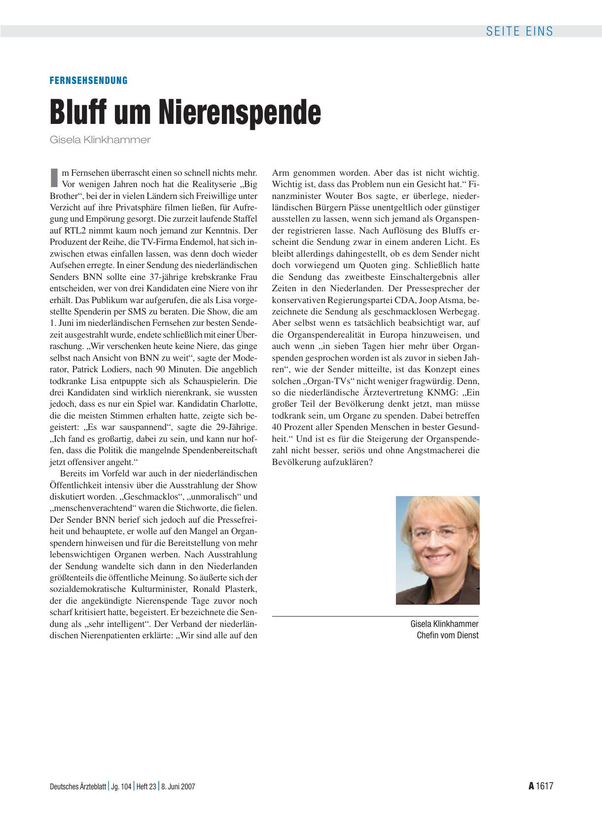 Vorschauseite 1: Fernsehsendung: Bluff um Nierenspende