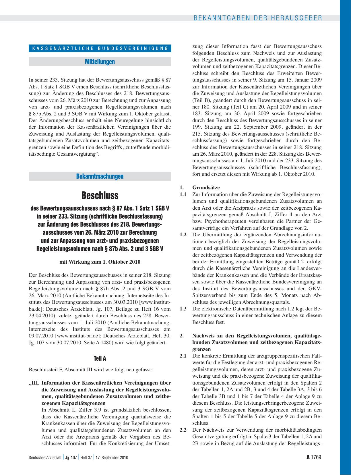 Vorschauseite 1: Beschluss des Bewertungsausschusses nach § 87 Abs. 1 Satz 1 SGB V in seiner 233. Sitzung (schriftliche Beschlussfassung) zur Änderung des Beschlusses des 218. Bewertungsausschusse…