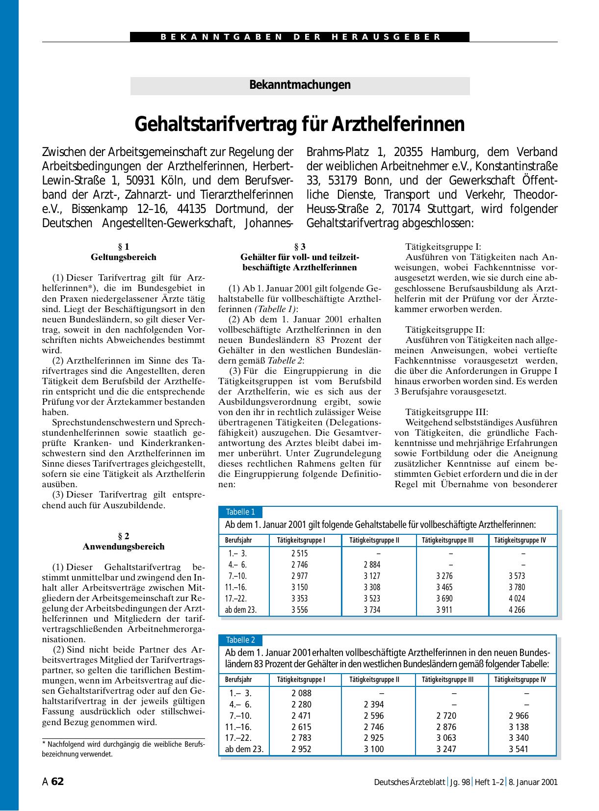 Vorschauseite 1: Bekanntmachungen: Gehaltstarifvertrag für Arzthelferinnen