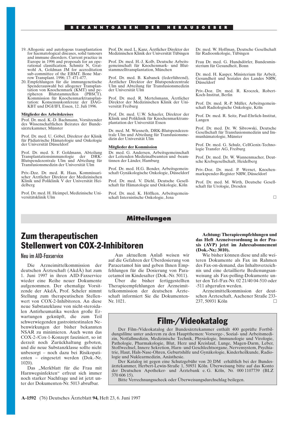 Vorschauseite 1: Mitteilungen: Zum therapeutischen Stellenwert von COX-2-Inhibitoren Neu im AID-Faxservice