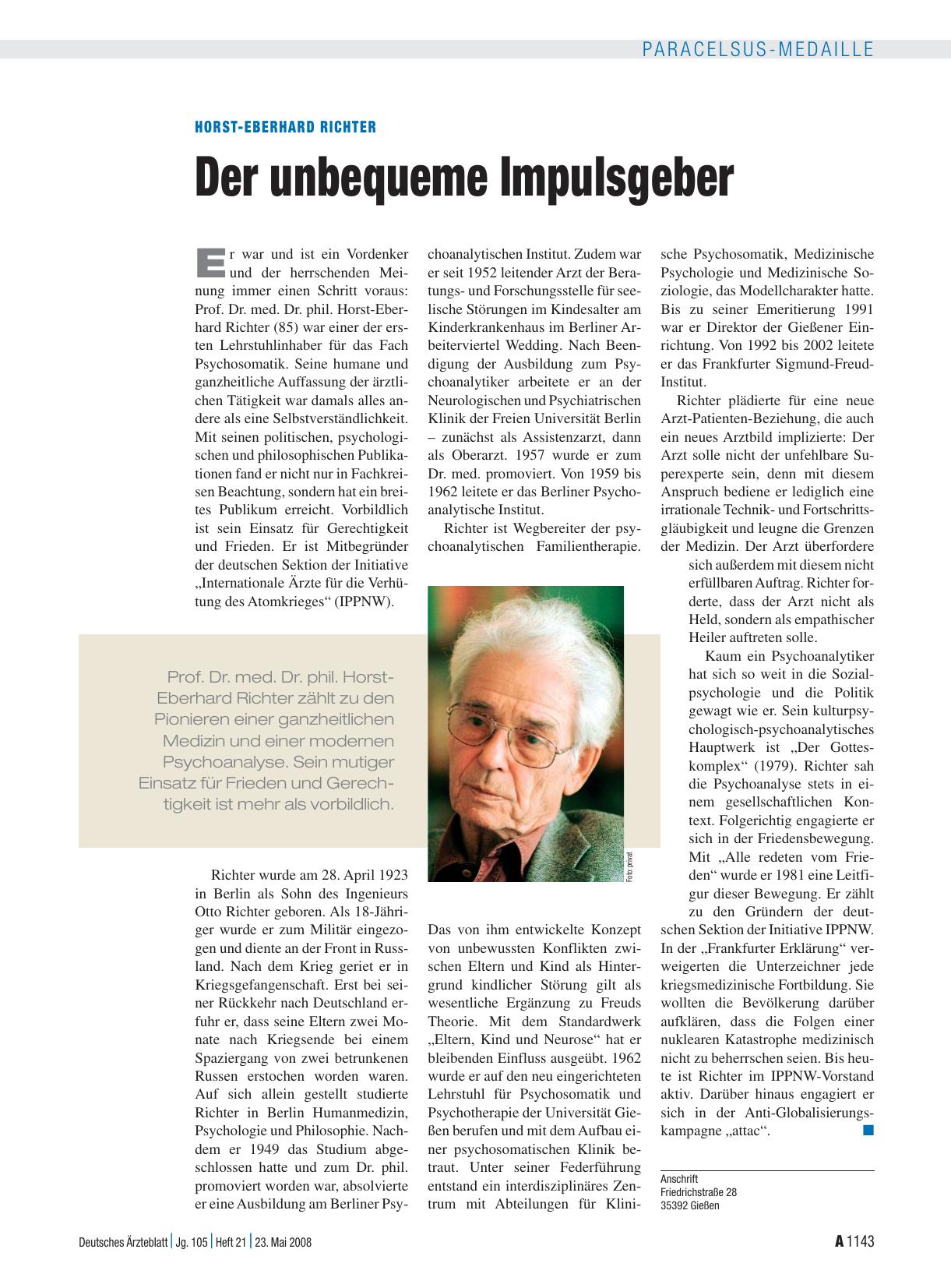 Vorschauseite 1: Horst-Eberhard Richter: Der unbequeme Impulsgeber