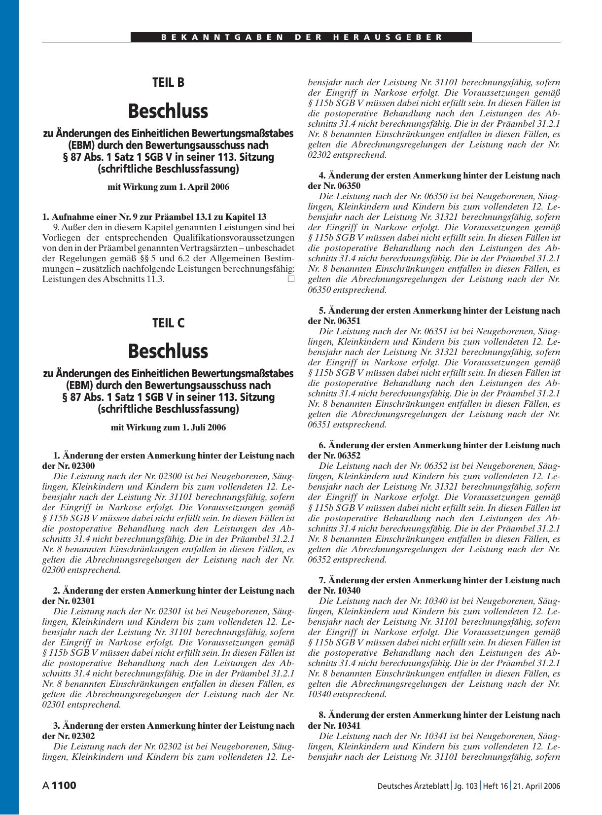 Vorschauseite 1: Bekanntmachungen: TEIL C – Beschluss zu Änderungen des Einheitlichen Bewertungsmaßstabes (EBM) durch den Bewertungsausschuss nach § 87 Abs. 1 Satz 1 SGB V in seiner 113. Sitzung (…