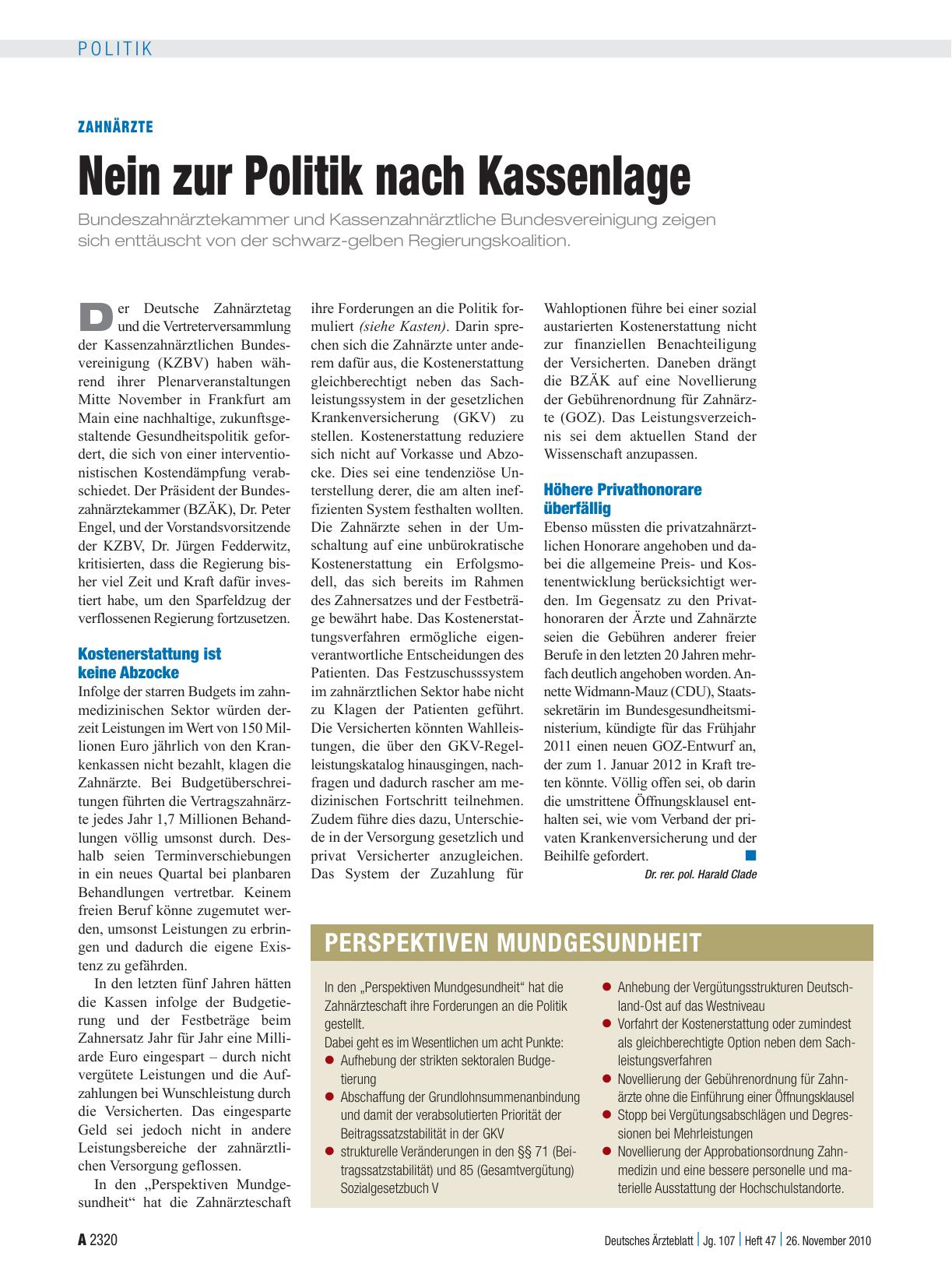 Vorschauseite 1: Zahnärzte: Nein zur Politik nach Kassenlage